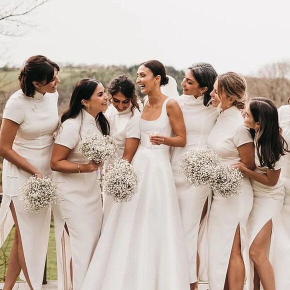 Simple A-Line Square Neck White Satin Wedding Dresse - Picture 3 of 5